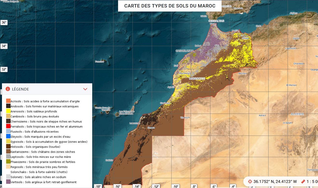 Carte des types de sols du Maroc et données pédologiques